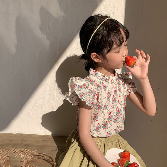 J24022920女童碎花襯衫寶寶荷葉邊領上衣夏款短袖T卹洋氣百搭上衣外貿童裝