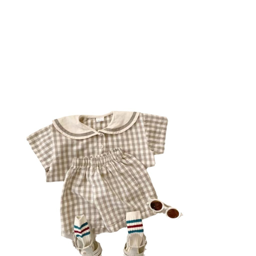 GB25032402韓版ins男女童海軍領格子短袖短褲褲清新休閒透氣翻領夏款套裝