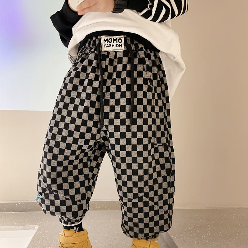FB23081726男童春秋季褲子2023新款韓版男孩簿款格子休閒長褲兒中大童束腳褲