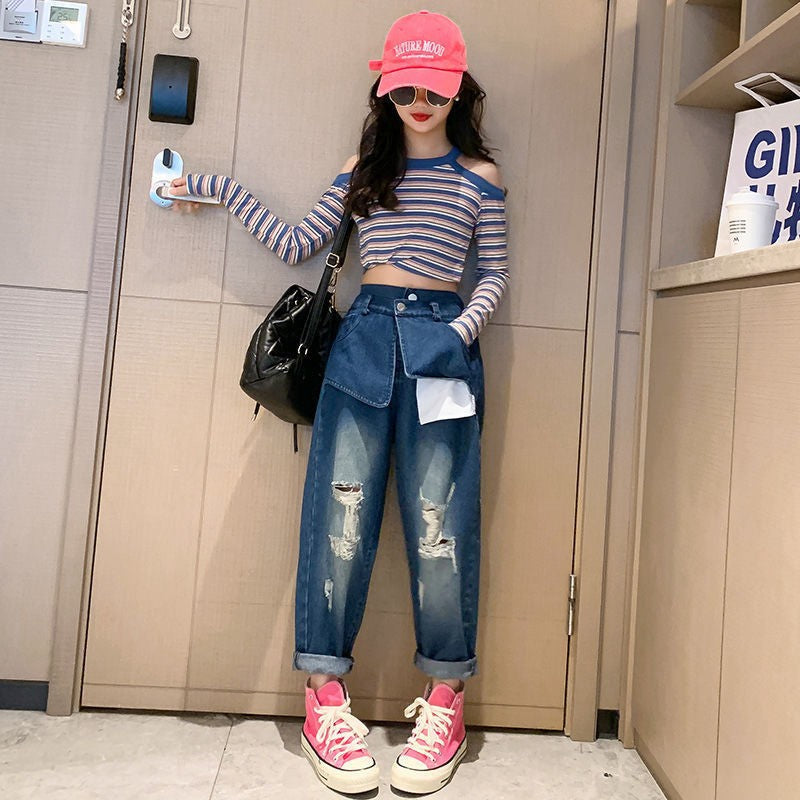 F23090731女童春秋新款連帽衛衣運動套裝2023洋氣女孩可愛兩件套網紅童裝潮
