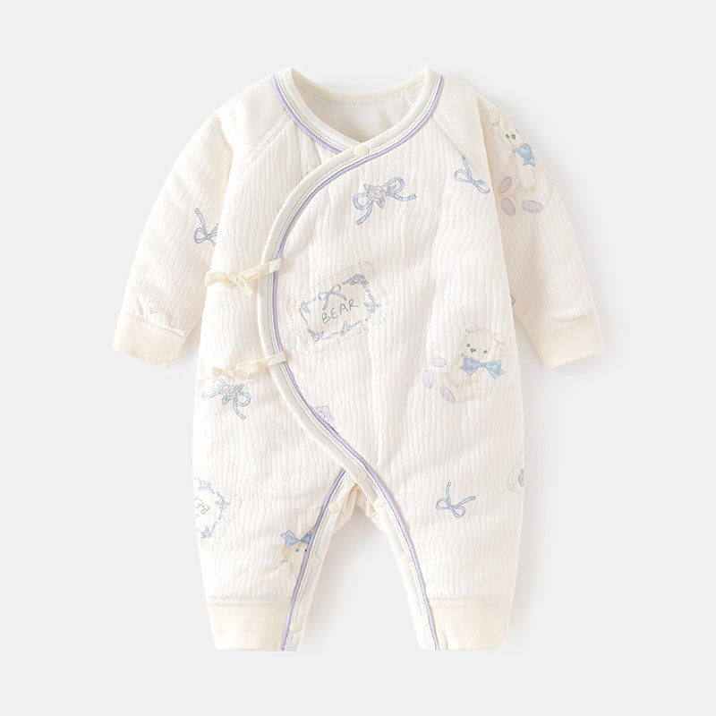 GJ25102110新生夾棉連身衣薄棉無骨哈衣秋季純棉初生40克蝴蝶寶寶爬衣