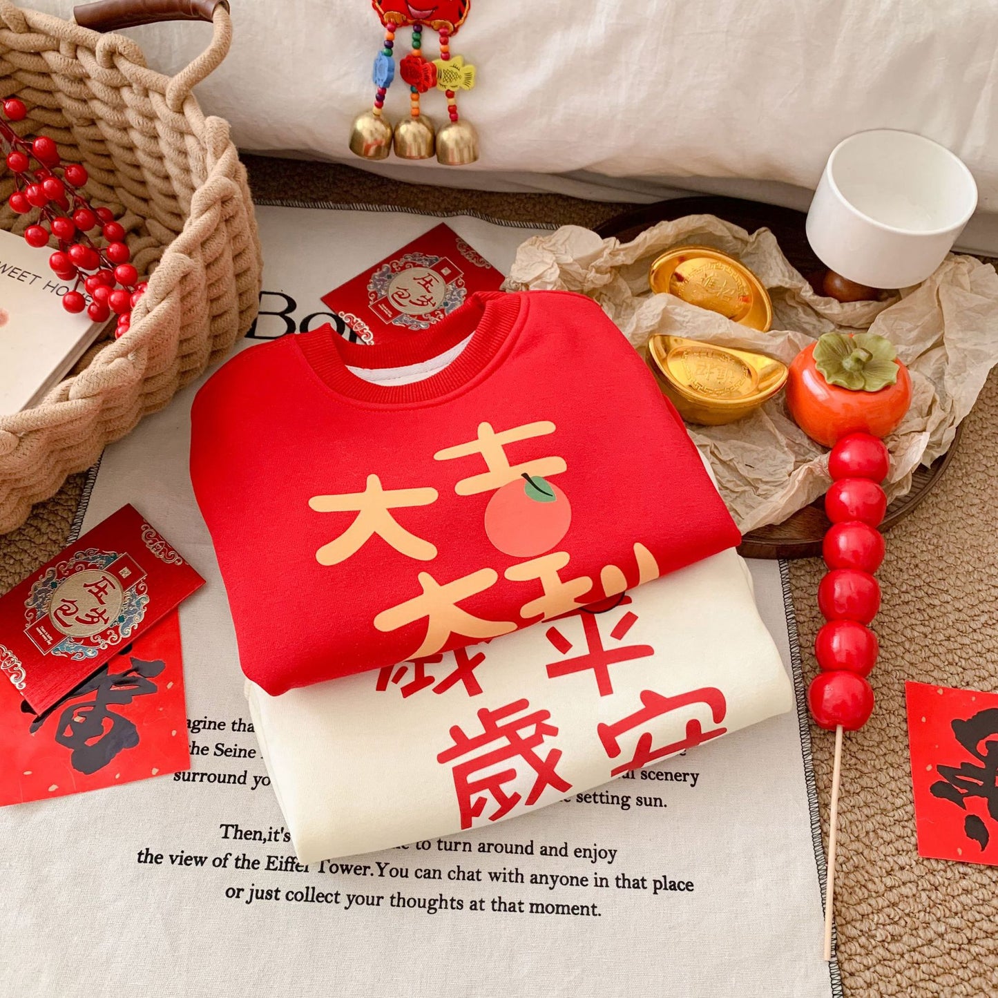 CA24011809新年紅色兒童加絨衛衣拜年男女童過年加厚衣服中國風毛衣外套服裝