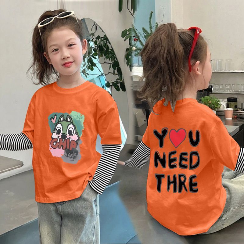 CE25091902女童純棉長袖T恤兒童假兩件條紋上衣春秋裝新款小孩洋氣打底衫