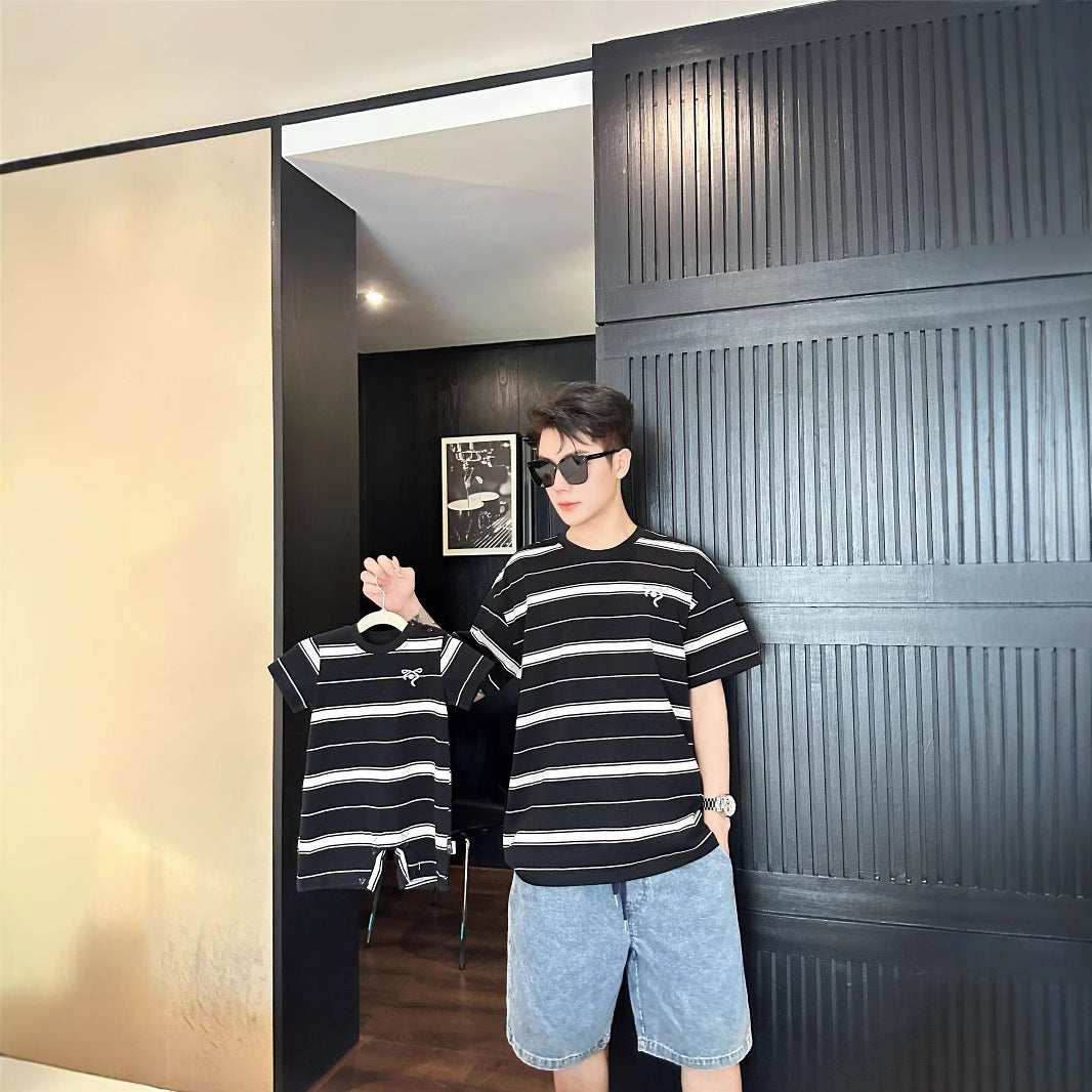 L25041714時尚親子裝夏季2025全新三口條紋嬰兒母女韓系度假休閒家庭裝