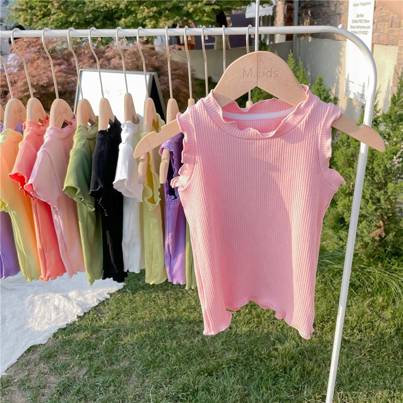 CA23072711新款韓範童裝女童夏季木耳捲邊短袖T恤女寶寶糖果色背心