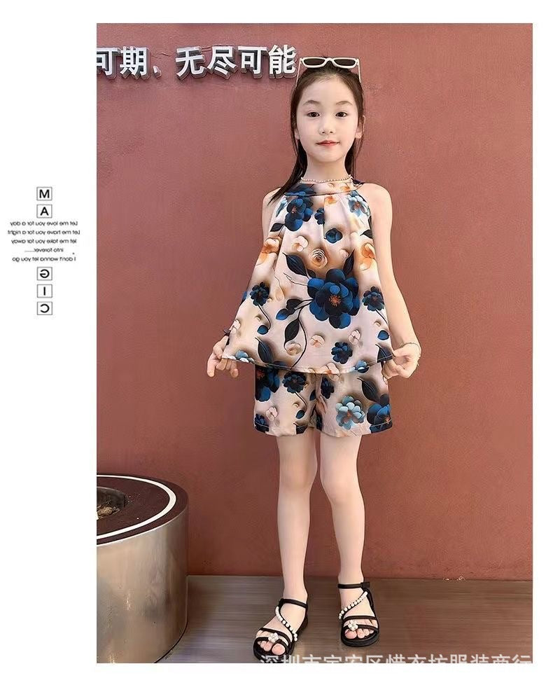A25072303女民族風夏季新款女童無袖套裝兒童女孩洋氣薄款雪紡中小童