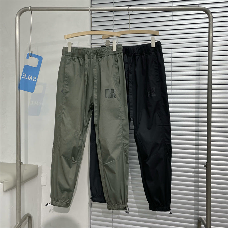 Z24032316夏季男冰絲休閒九分褲薄款透氣束腳空調褲網紅潮牌寬鬆哈倫褲