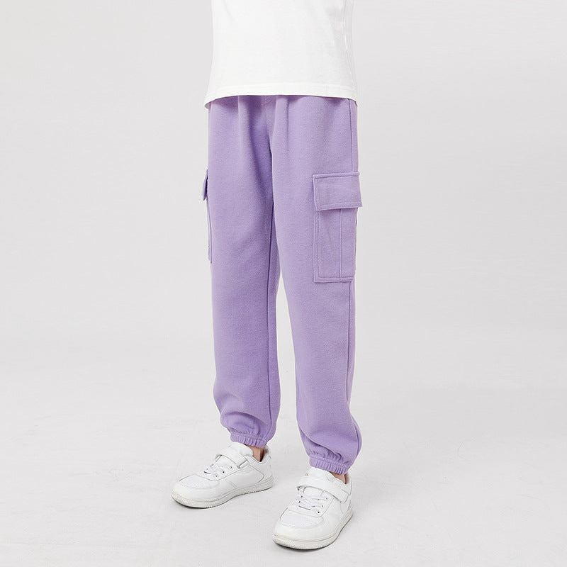 FI25101415秋季童褲韓版新款男童休閒褲中大純童運動色工裝褲女童褲子批發