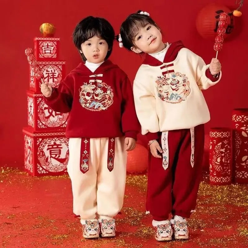 Z24110118兒童拜年服套裝男童秋冬漢服新年服寶寶唐裝過年紅色衛衣兩件套