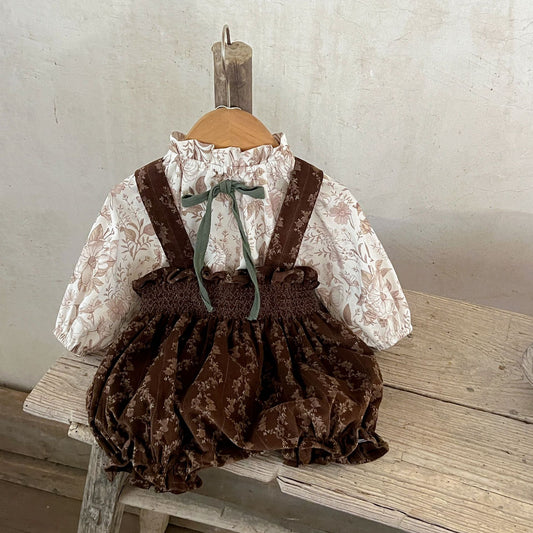 GF25081515  ins韓國版女孩嬰童寶寶純棉蝴蝶結印花上衣和燈芯絨碎花背帶褲套裝