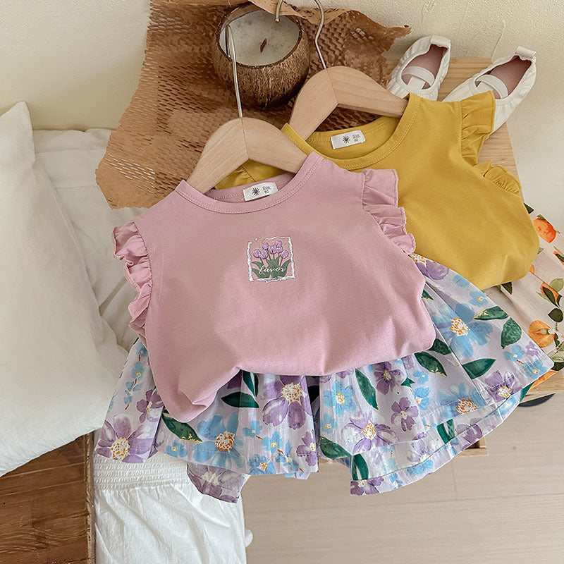 J24022901歐美風女童短袖套裝夏季新品童裝批發女幼童蝴蝶印花T恤兩件套