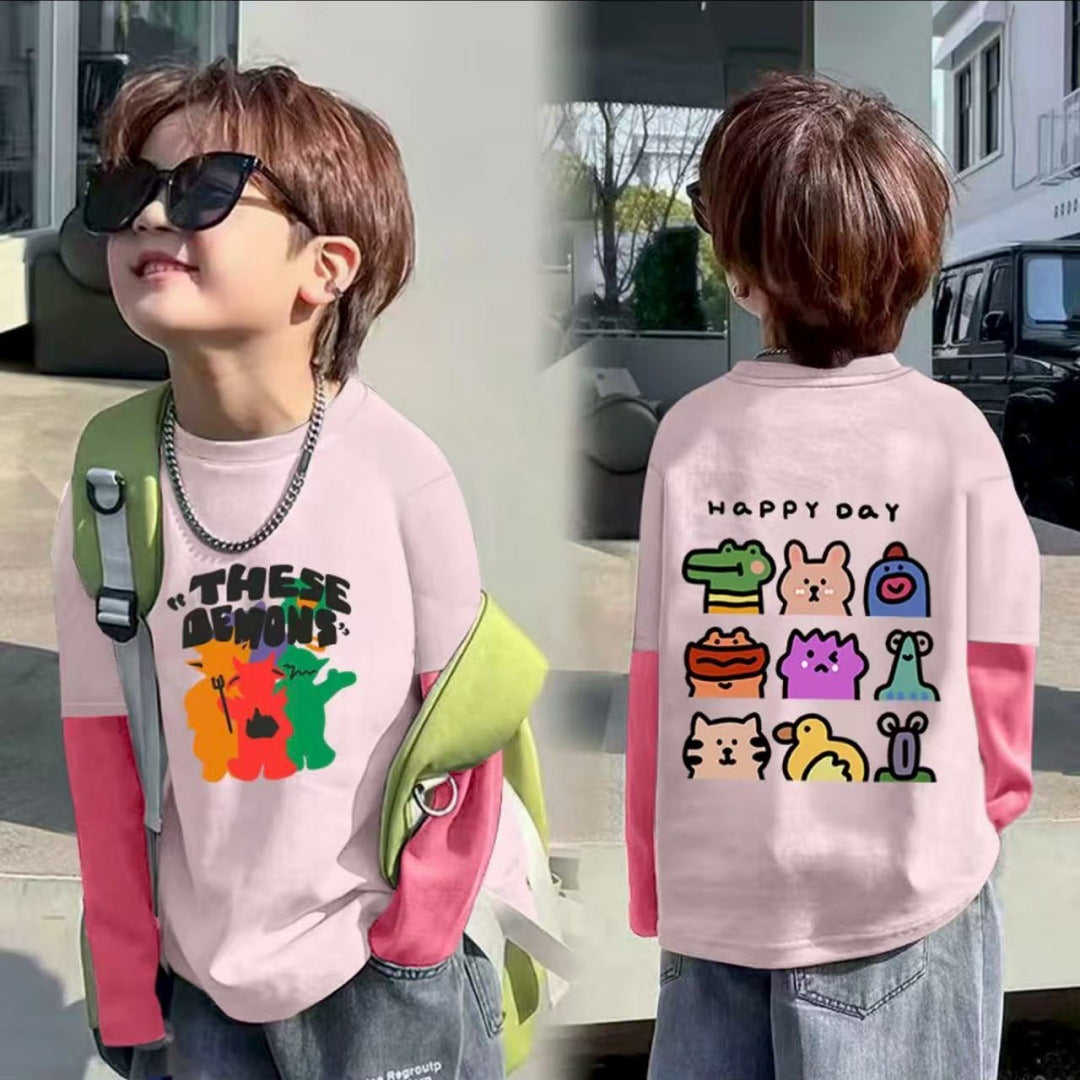 CE25091903男女童純棉T春秋新款兒童長袖打底帥氣中大童寶寶休閒假兩件上衣