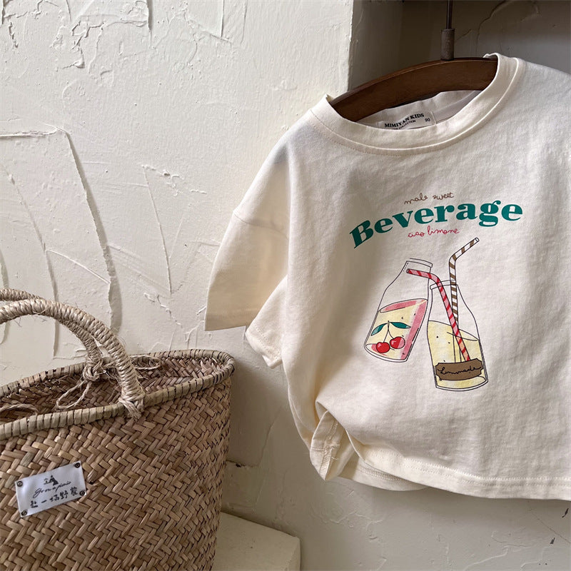 CA25052120兒童短袖夏季新款男女童圓領卡通印花T恤寶寶純色日系潮衫