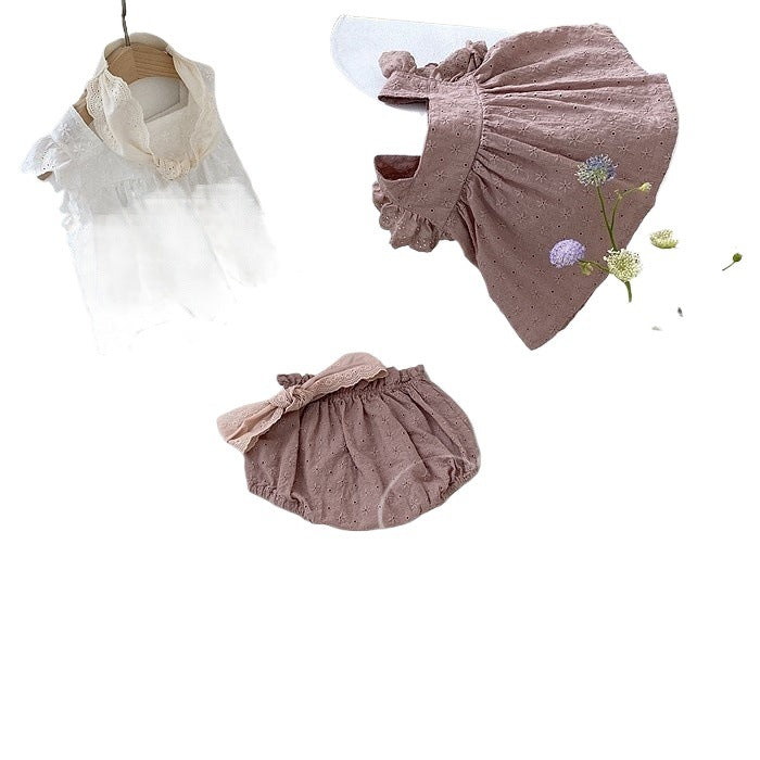 GF25061704韓國版女童嬰幼兒寶寶花邊背心麵包褲兩件套ins夏款新生兒飛袖套裝