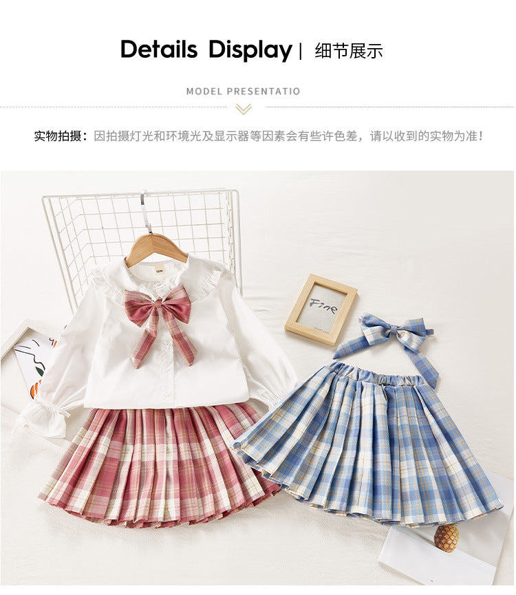 F23090713女童JK套裝春裝2023新款兒童學院風百褶裙中大童蝴蝶結兩件套