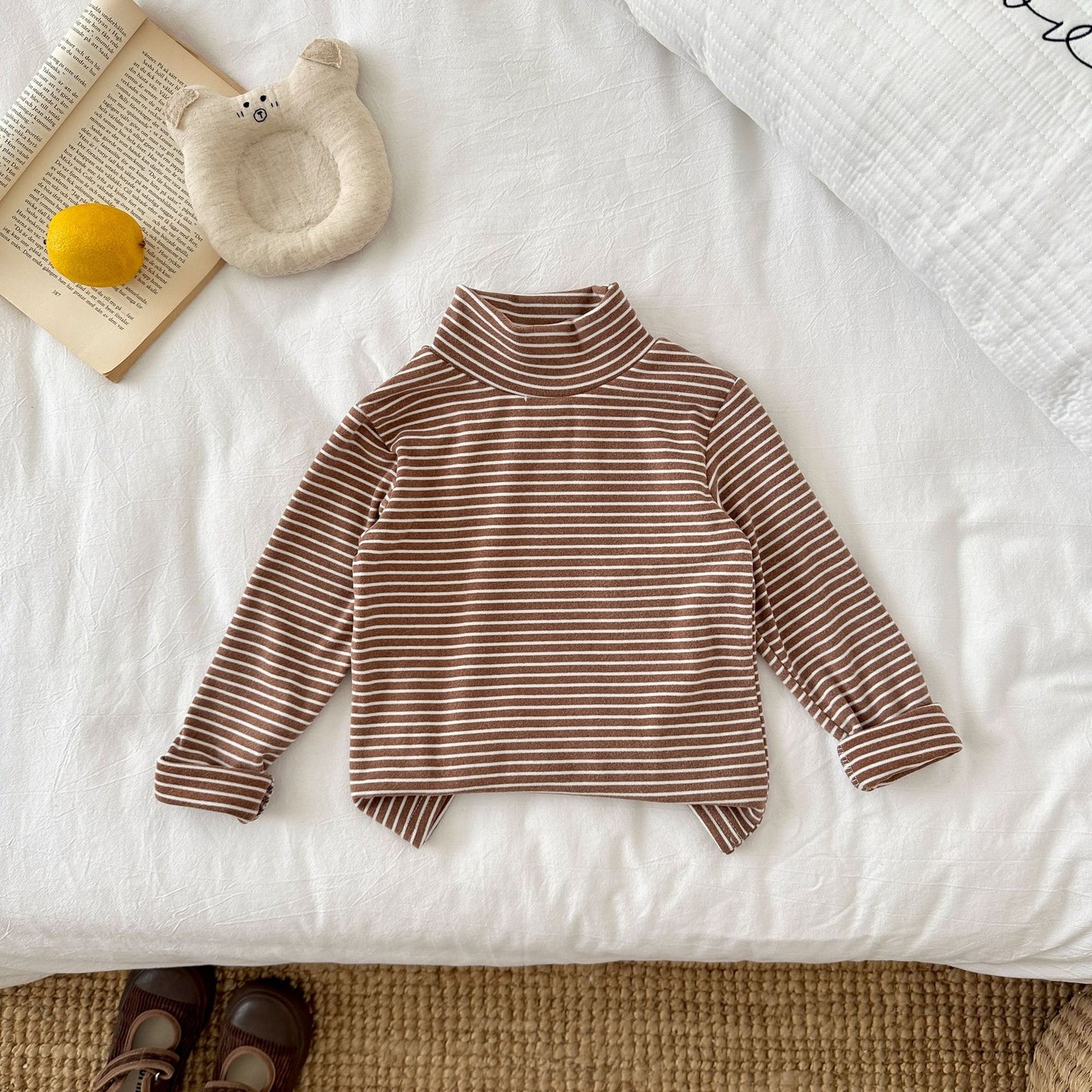 CA25112718秋冬兒童時尚條紋打底衫半高領德絨童裝長袖T卹內女孩搭保暖上衣