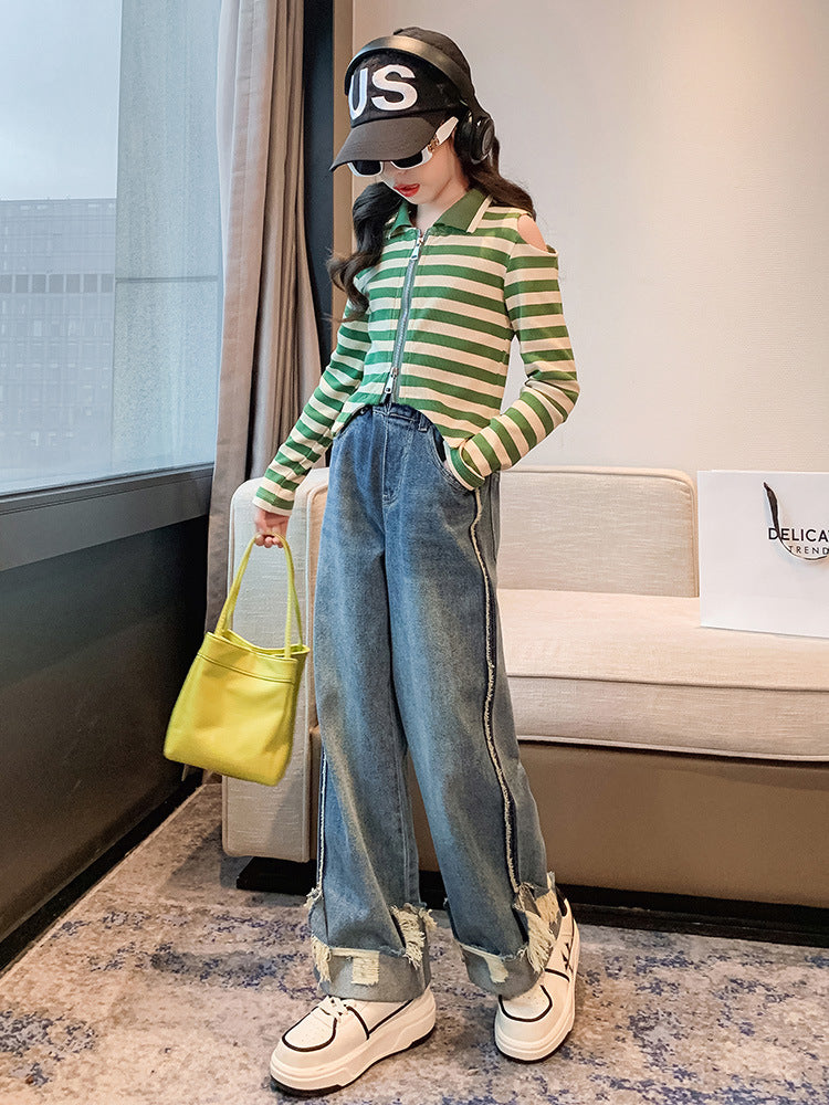 F23090716女童春秋裝2023中大童洋氣時髦條紋長袖街舞網紅套裝女孩兩件套