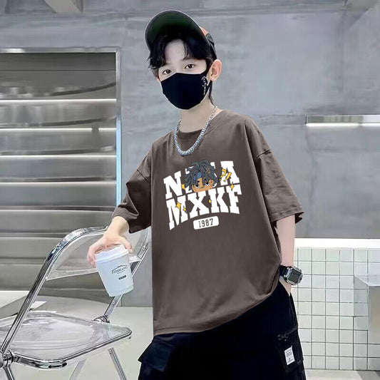 Z25030421男童短袖T恤純棉夏季新款卡通印花圓領中大童寬鬆休閒帥氣T恤潮