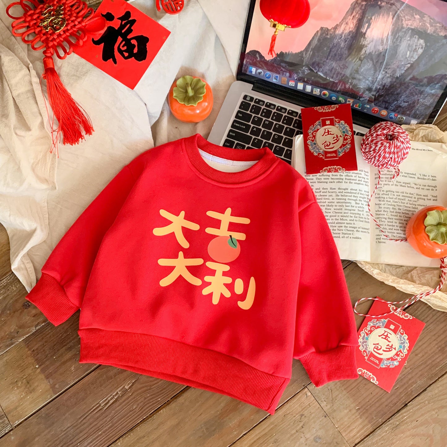 CA24011809新年紅色兒童加絨衛衣拜年男女童過年加厚衣服中國風毛衣外套服裝