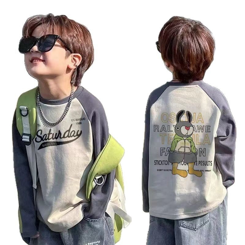 CE25091907純棉兒童長袖T恤春秋新款男童卡通插肩袖上衣中小童寶寶打底衫