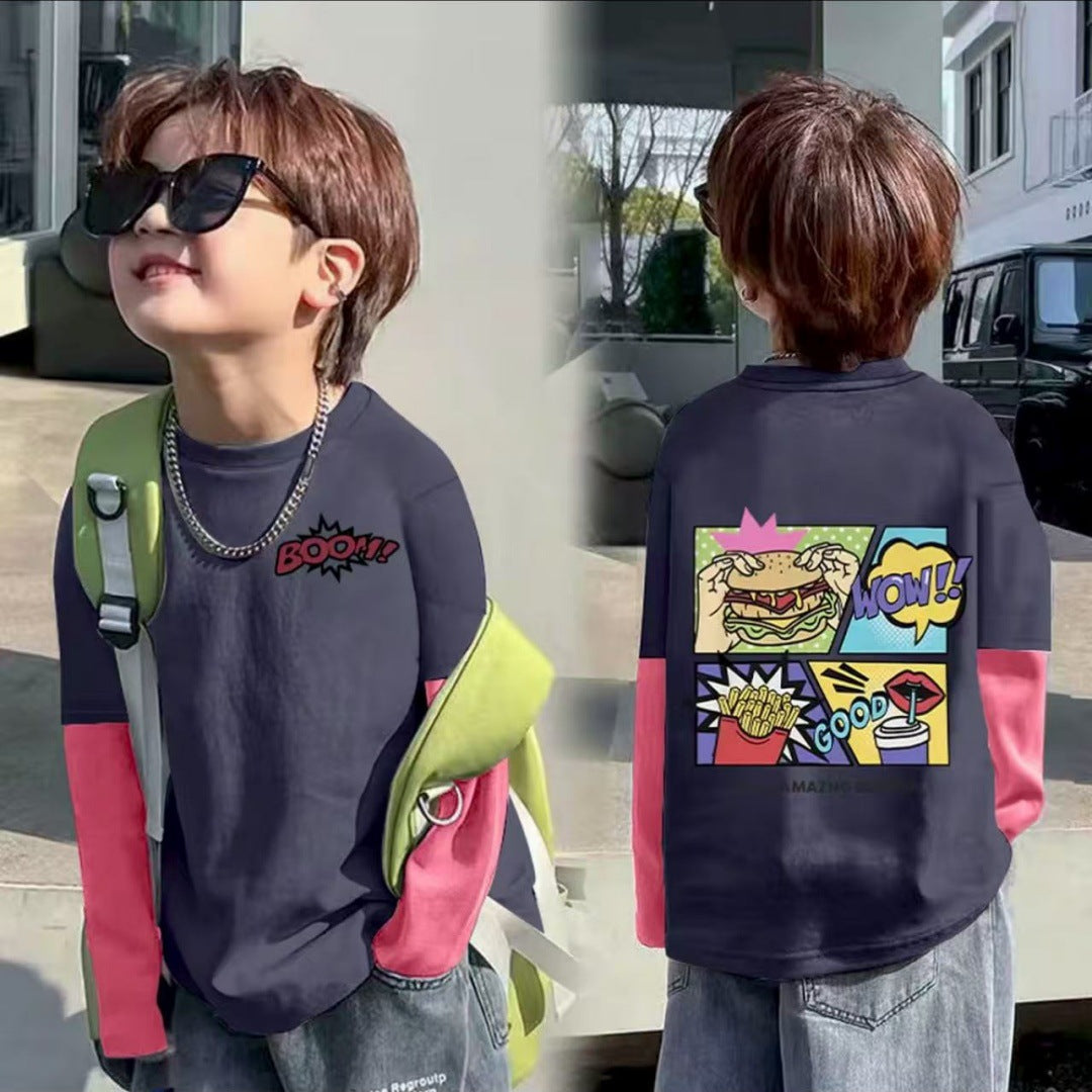 CE25091903男女童純棉T春秋新款兒童長袖打底帥氣中大童寶寶休閒假兩件上衣