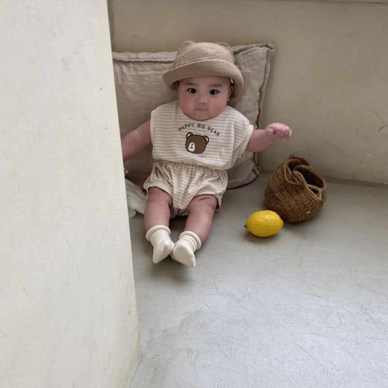 GB23080303韓版ins嬰幼兒條紋小熊短袖連體衣寶寶可愛舒服鬆緊腰爬服夏