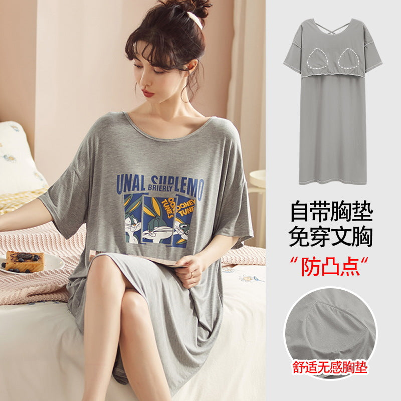 Z25040126自備胸墊一體式睡裙女款夏季短袖睡裙夏天莫代爾可外穿