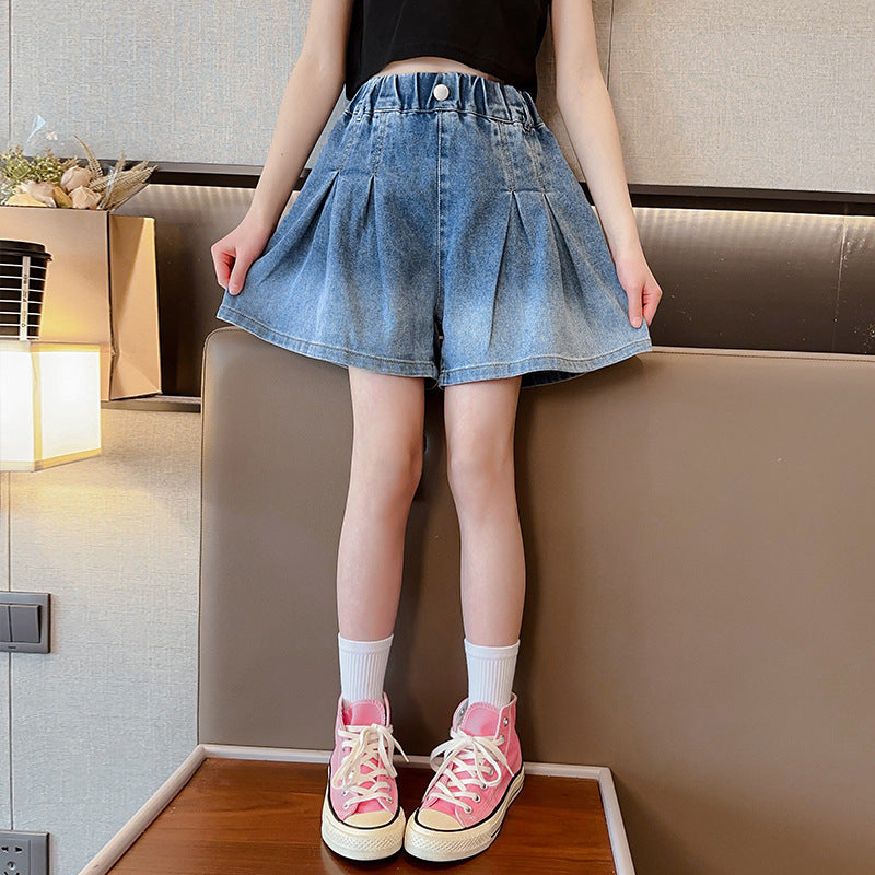 Z25033117女童漸變色短褲夏季韓版洋氣外穿兒童牛仔褲裙褲女大童寬鬆休閒褲