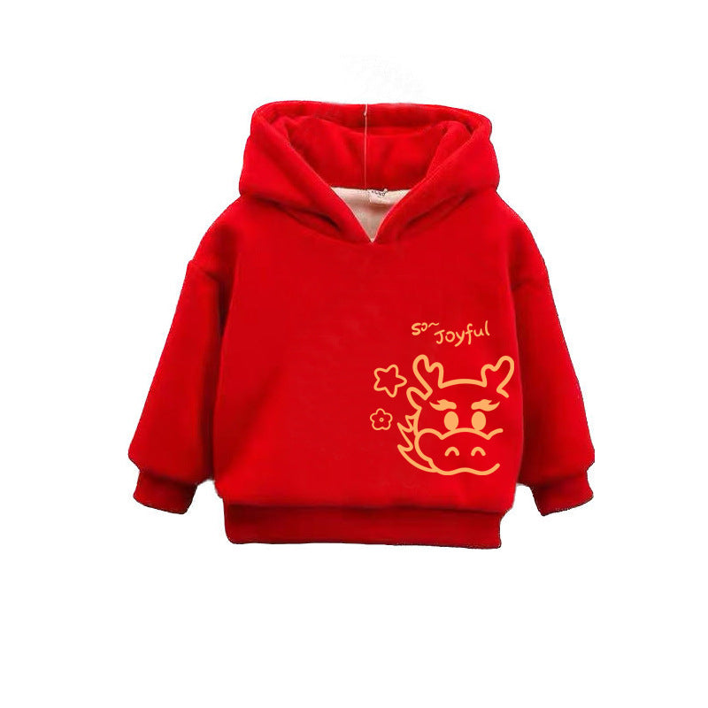 Z23122109新年裝秋冬季新款加絨加厚衛衣過年拜年衣服男童寬鬆連帽兒童上衣(9-12天到貨)