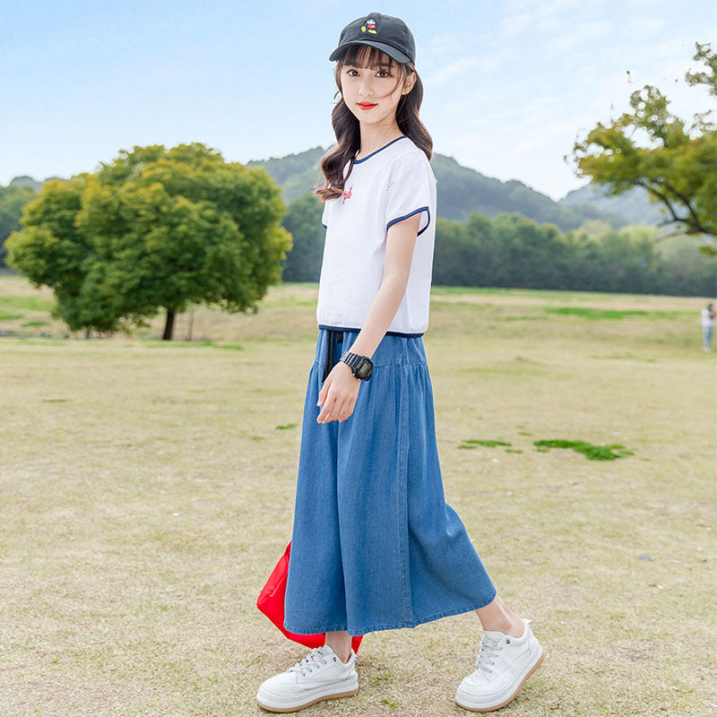 FE24070103女童夏裝套裝2024新款韓版兒童裝洋氣中大童短袖牛仔闊腿褲兩件套(9-12天到貨)