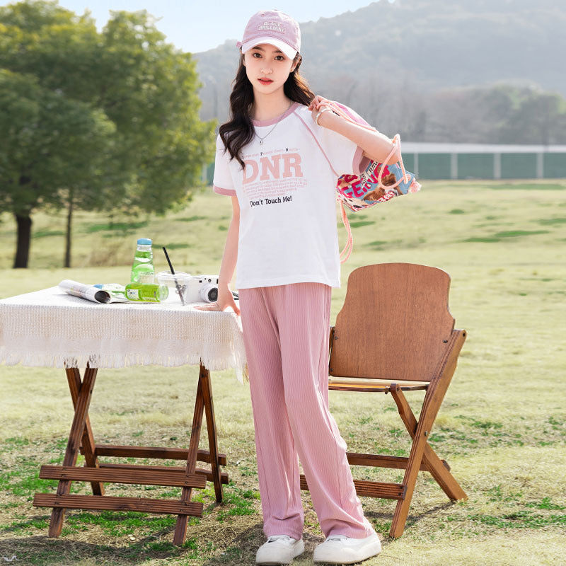 FE24070105夏季中大童休閒套裝針織短袖女童褲套裝雙色任選(9-12天到貨)