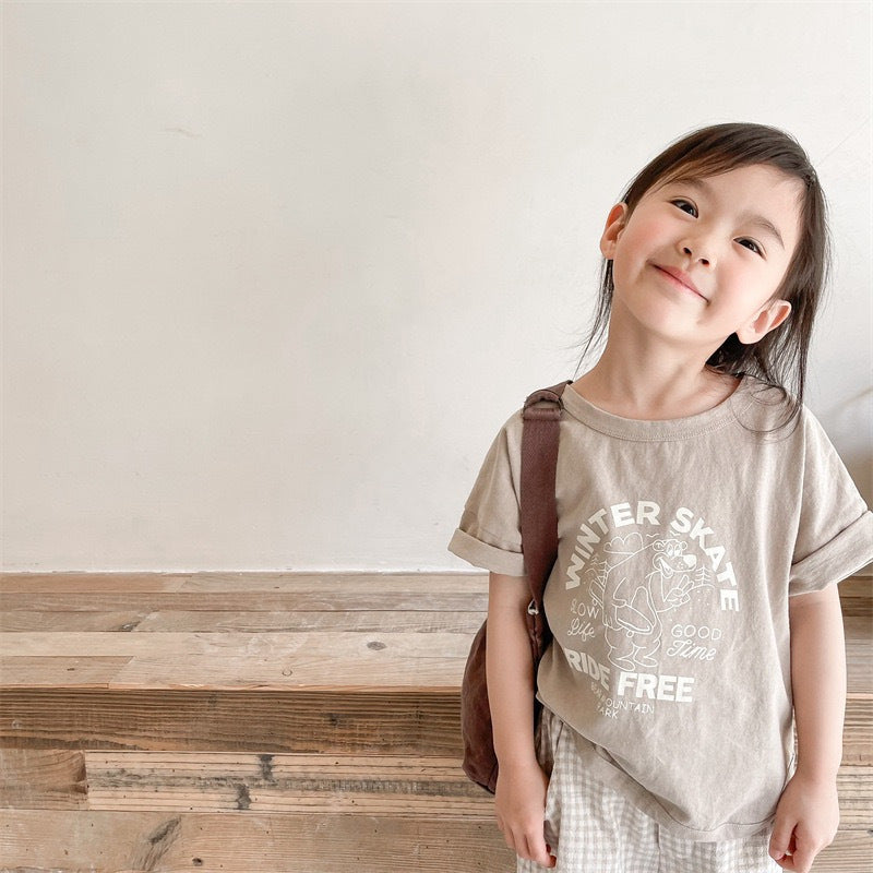 CA23072715夏季新品兒童韓版麻棉短袖T恤女童男童弧形包邊打底衫兒童