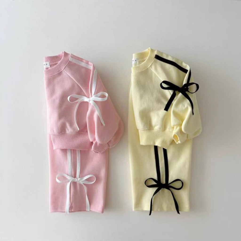 GF25081507 韓版ins春秋款女寶寶運動蝴蝶結槓條拼接衛衣套裝百搭洋氣兩件套