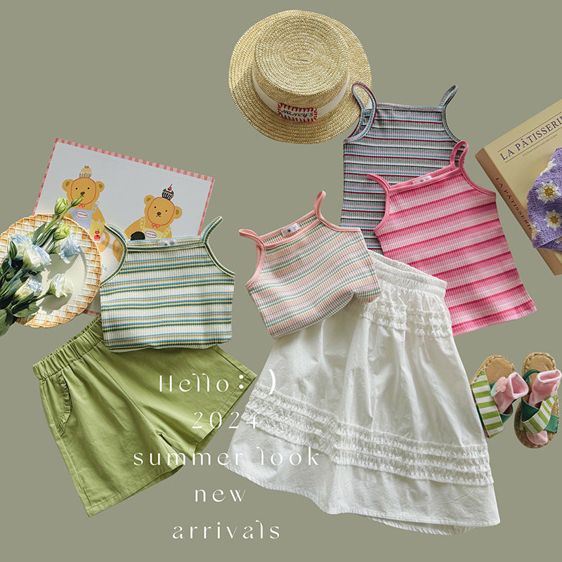 J24022908跨國女童吊帶衫外貿色夏裝女寶無袖上衣卡通刺繡修身彈性休閒背心