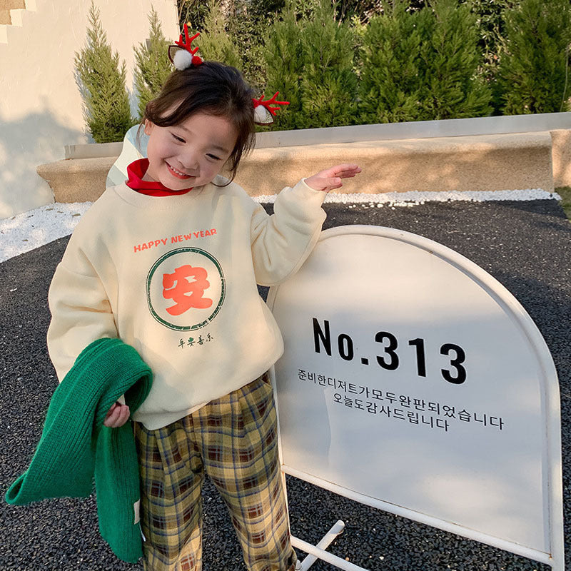 CA24011803新款女童過年平安喜樂衛衣加絨加厚圓領拜年服紅色寶寶兒童上衣潮