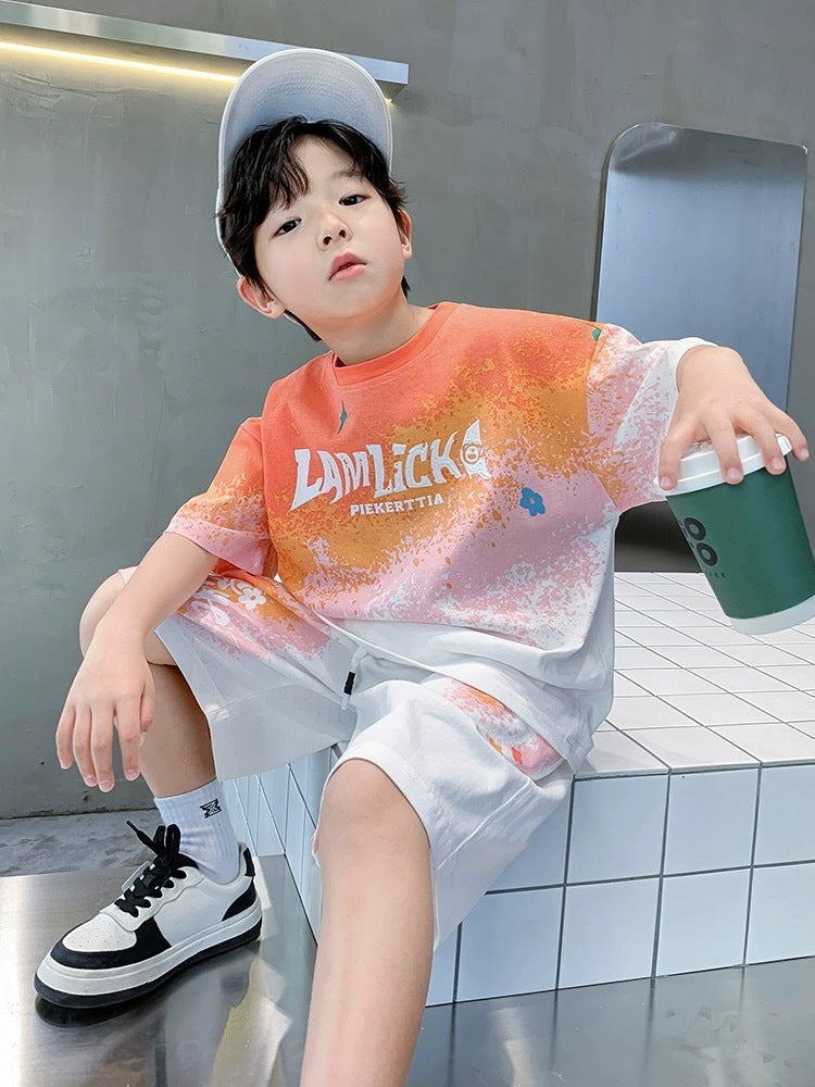 CD25050303男童夏裝短袖套裝2025全新中大童漸層運動套裝輕盈清新透氣速乾衣