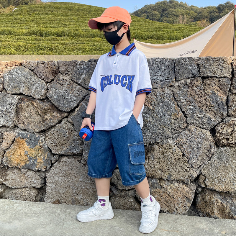 F23050215男童夏裝短袖套裝2023新款韓版休閒POLO衫-中大童