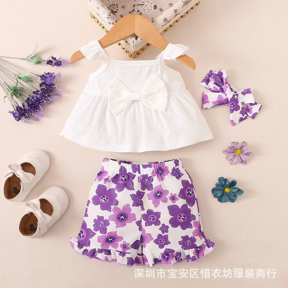 A25072306女童春夏款 新款韓版兒童無袖純色吊帶上衣+花朵印花短褲頭帶