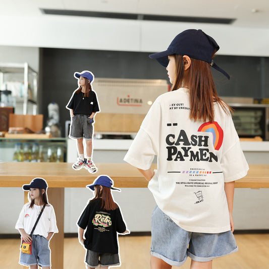 Z25030429女童短袖t恤夏季新款前後印花兒童裝半袖上衣中大童女孩夏裝