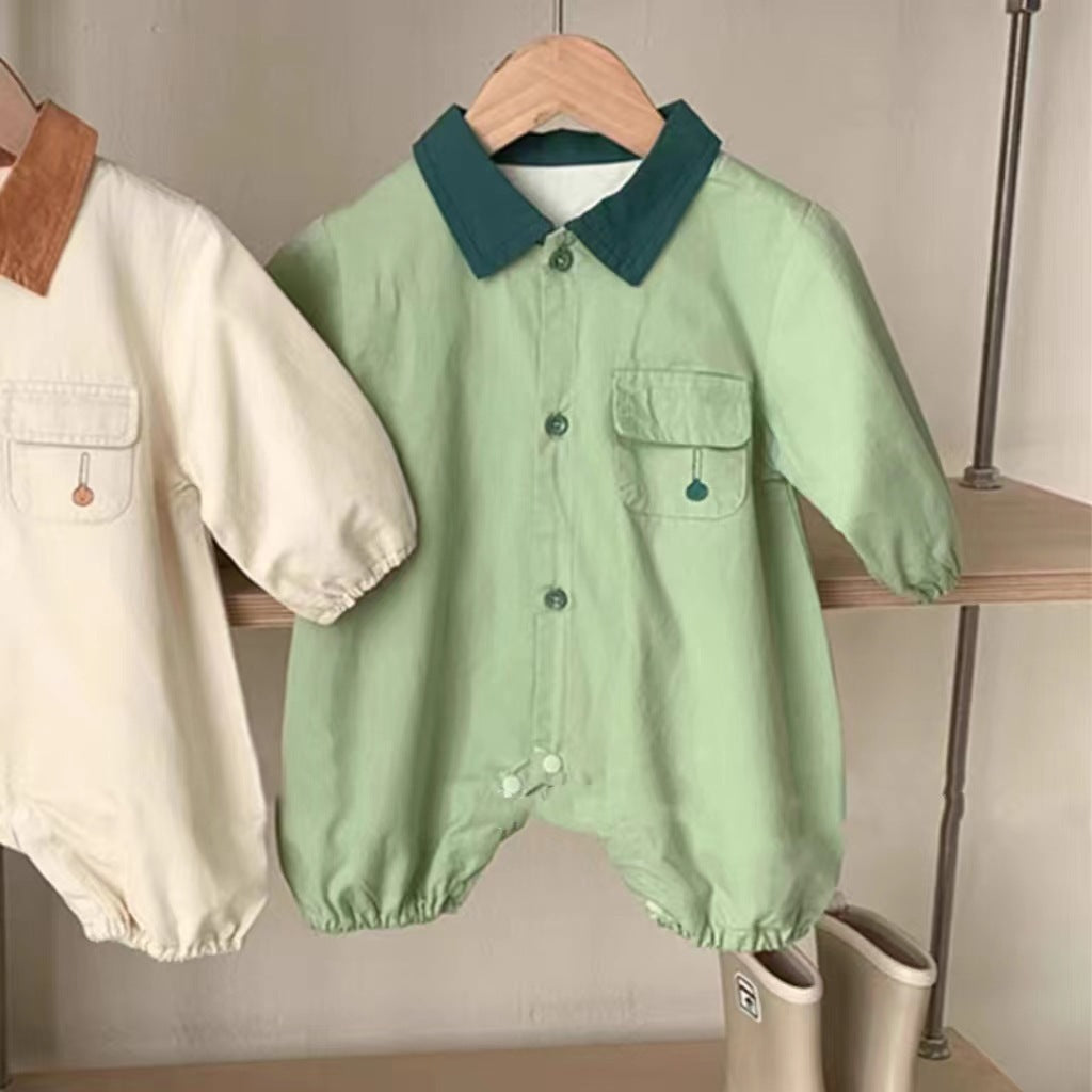 GB23091418韓版ins嬰幼兒襯衫連體爬服春秋款洋氣工裝翻領清新童裝外出拍照