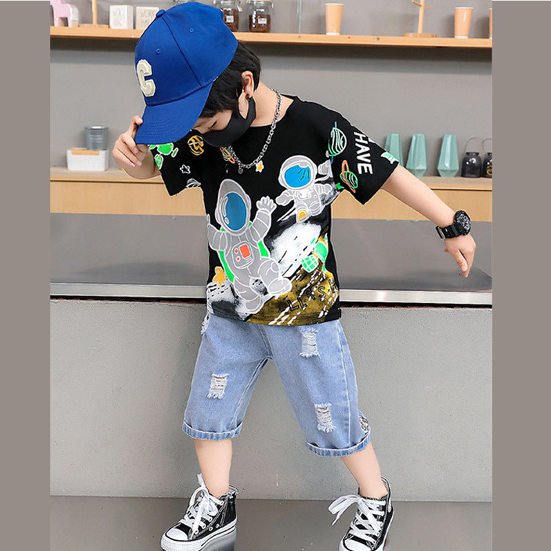 F23062208男童夏季套裝2023新款潮童裝中大童帥氣短袖衣服
