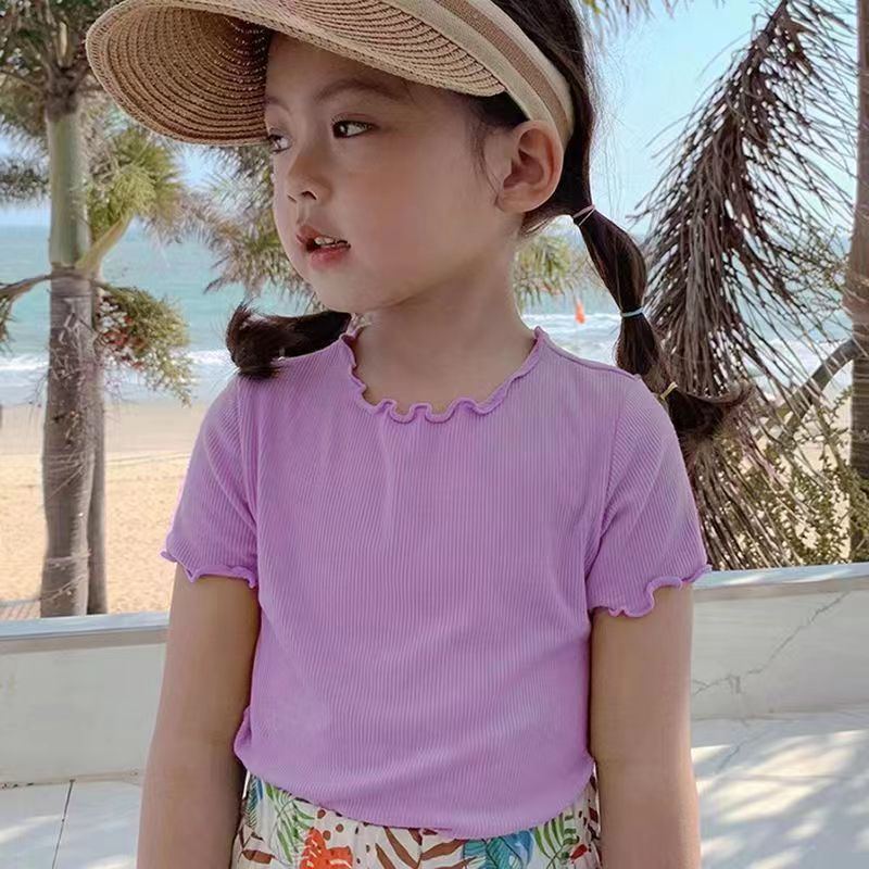 CA23072728新款女童木耳邊夏裝寶寶洋氣打底衫短袖冰絲圓領T恤兒童上衣
