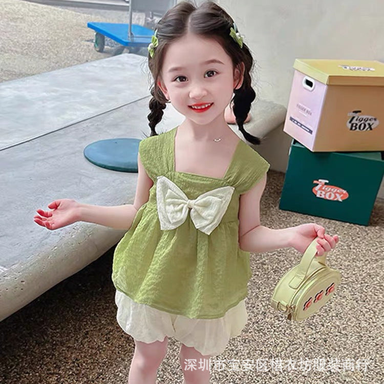 A25072307女童夏季背心套裝女孩韓版休閒可愛淑女裝夏裝新款薄款兩件套