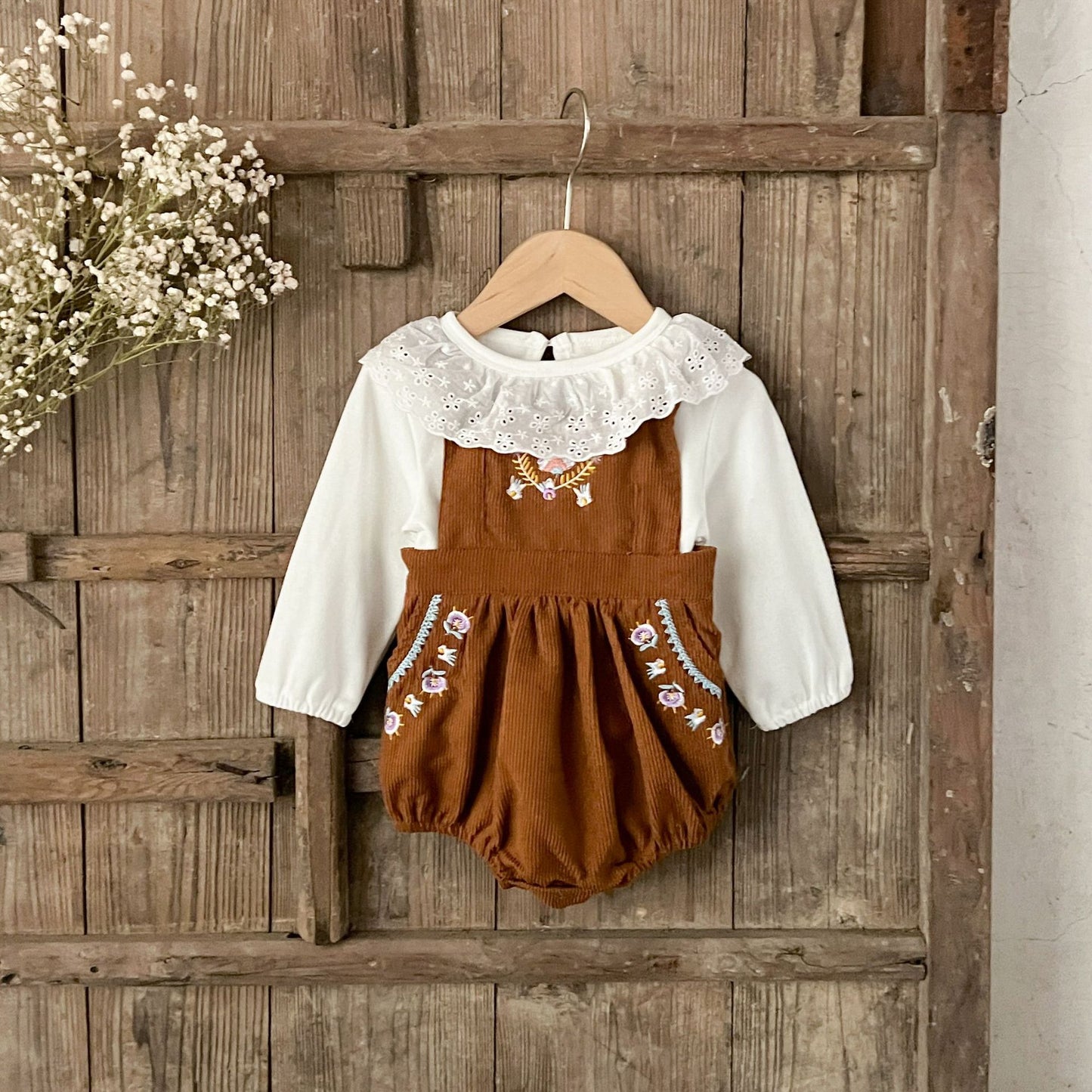 GF25081506  ins韓版女孩寶寶春季秋季花邊打底衫刺繡燈芯絨背帶哈衣兩件套裝