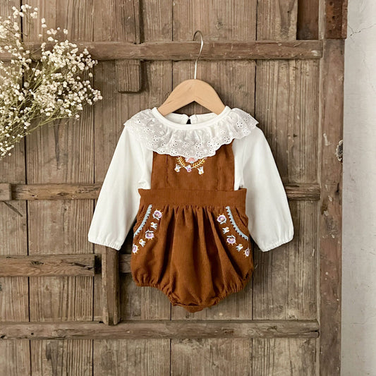 GF25081506  ins韓版女孩寶寶春季秋季花邊打底衫刺繡燈芯絨背帶哈衣兩件套裝