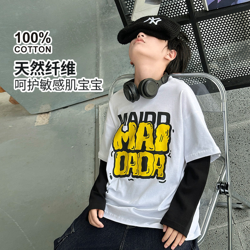 FF24102510新品創意袖假兩件兒童秋裝純棉上衣童裝男童長袖t恤(9-12天到貨)