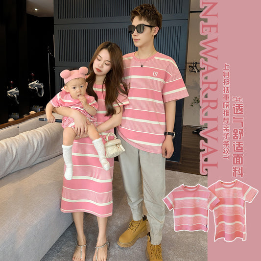 L25041708不一樣親子裝母子夏裝一家三口四口條紋短袖T恤母女洋裝嬰兒潮