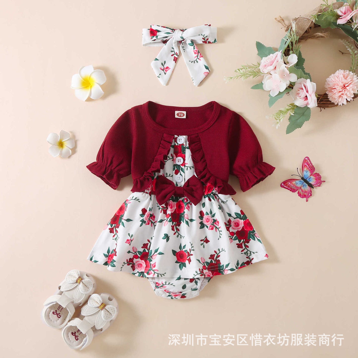 A25072308春夏新款嬰幼兒連身衣女童短袖假兩件蝴蝶結印花裙包屁哈衣