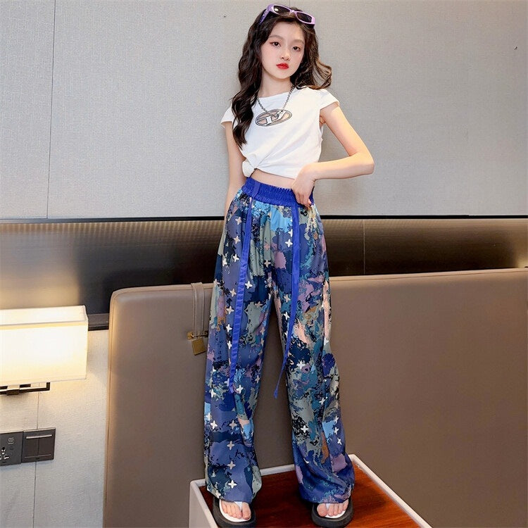 F24050710女童夏裝短袖套裝2024新款女大童裝夏季時尚花褲闊腿褲薄款兩件套