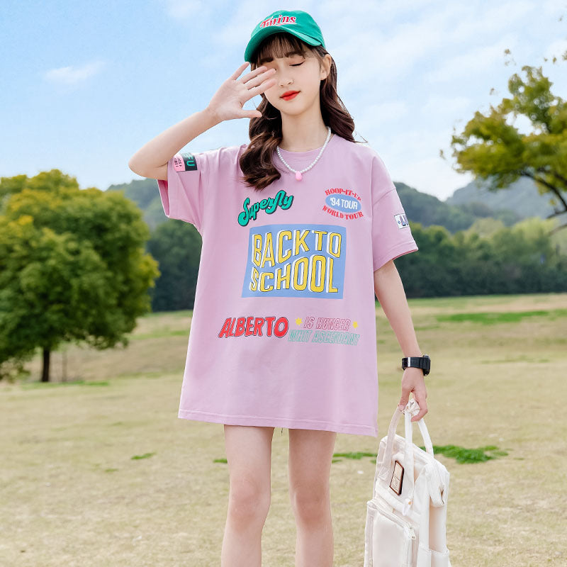 FE24070104女童夏裝短袖T2024年T恤新韓版洋氣中大童夏季網紅半袖上衣潮(9-12天到貨)